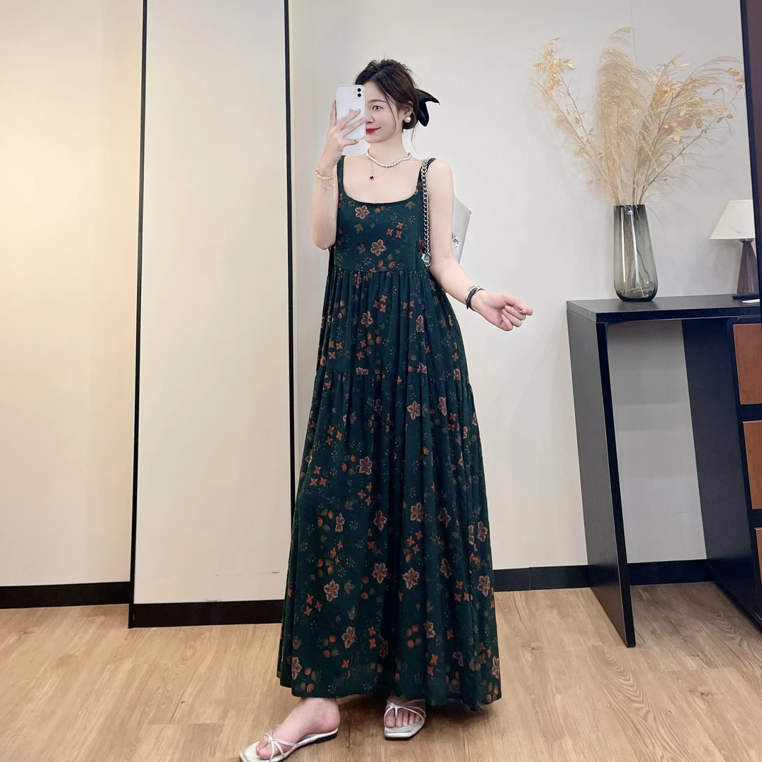【暗绿色】新款碎花吊带连衣裙a字遮胯显瘦纯欲慵懒风法式外穿长裙