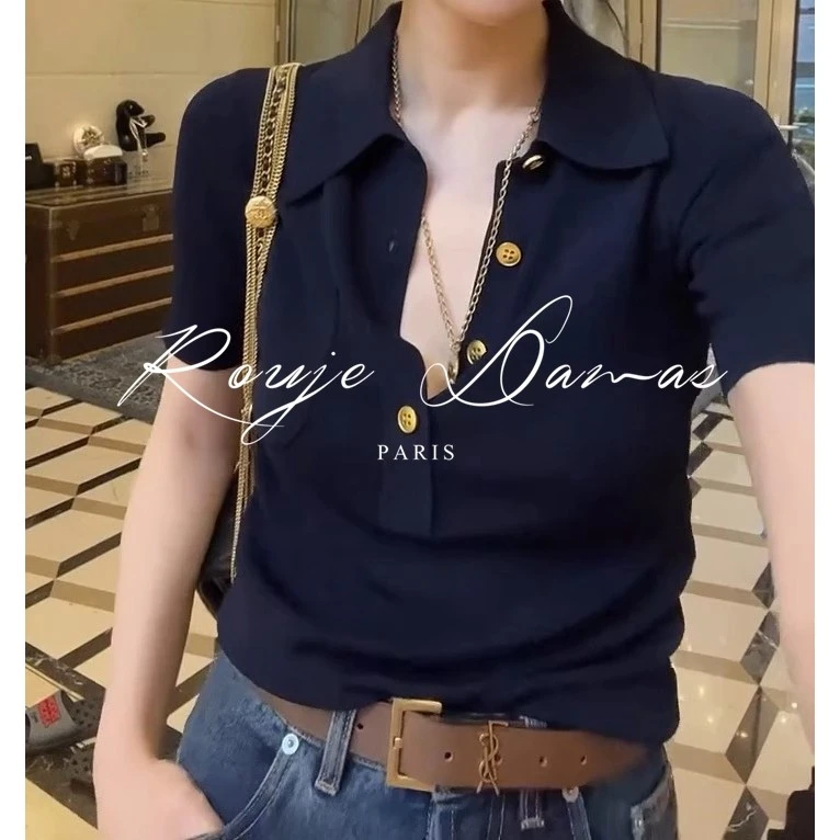 设计感领短袖恤女年新款修身显瘦气质针织衫