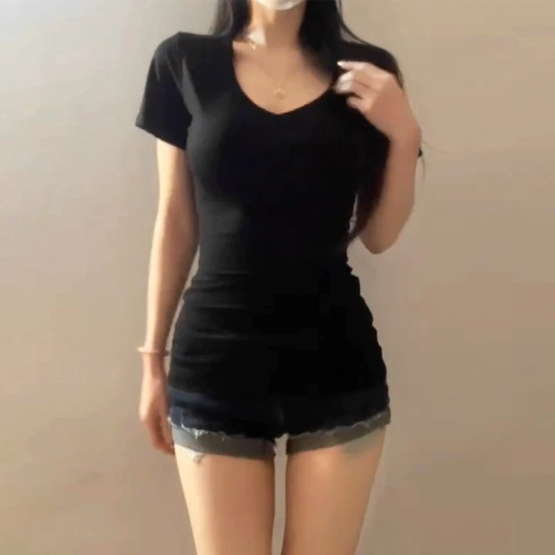 （现货+运补4-6）纯欲v领正肩短袖T恤女夏季百搭纯色美式辣妹上衣