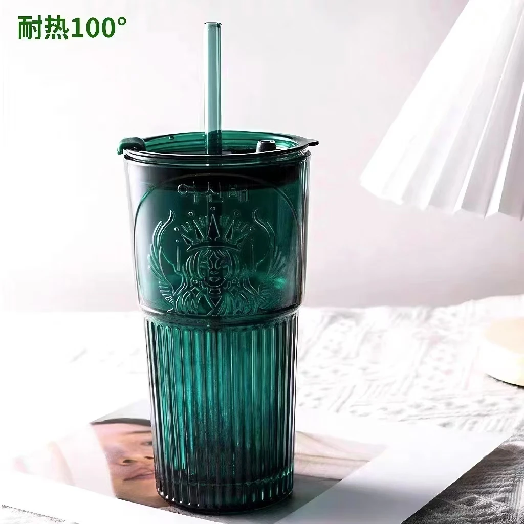 绿色加厚浮雕大容量水杯耐热玻璃杯子带盖密封吸管果汁饮料咖啡杯