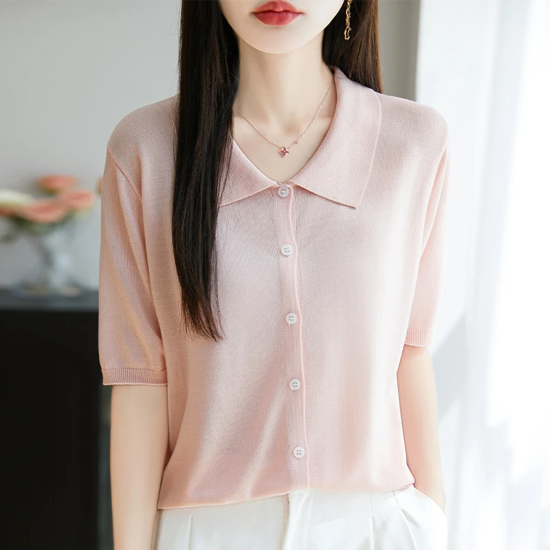 品牌夏季短袖纯色开衫宽松薄款毛针织衫翻领百搭显瘦气质 设计感