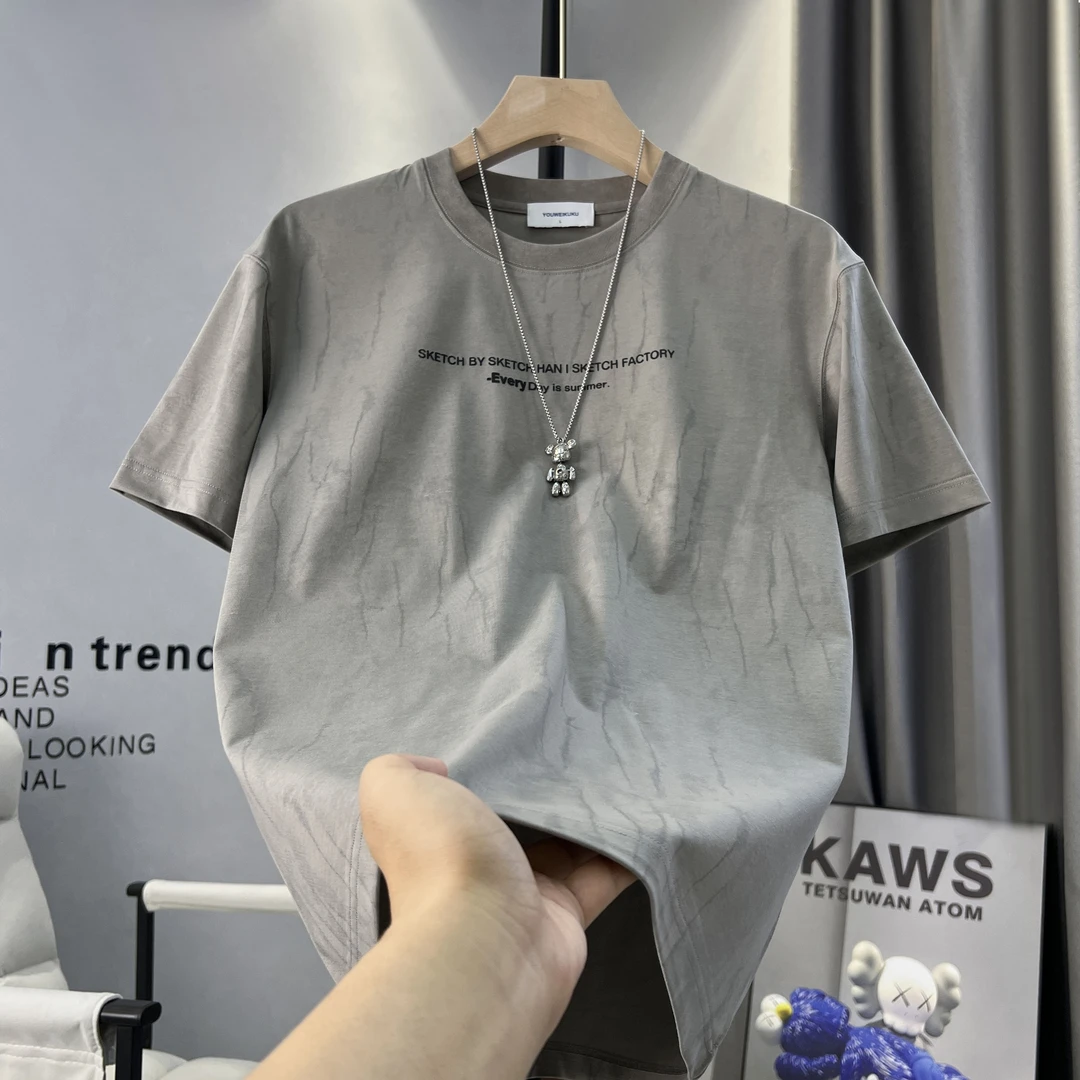 男士2025夏季扎染潮款短袖男美式休闲百搭植绒发泡圆领t恤【5619】