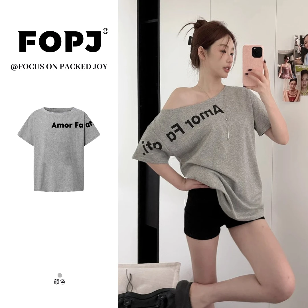 FOPJ韩系复古设计感字母印花一字肩斜肩短袖t恤宽松休闲百搭上衣
