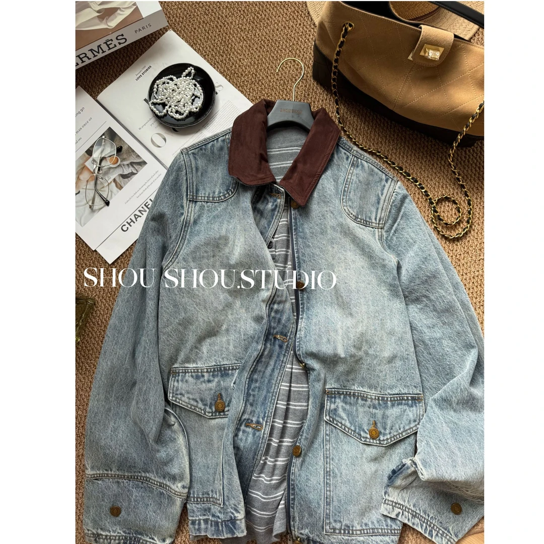 【瘦瘦】大码翻领拼接复古水洗做旧简约百搭牛仔外套S01979