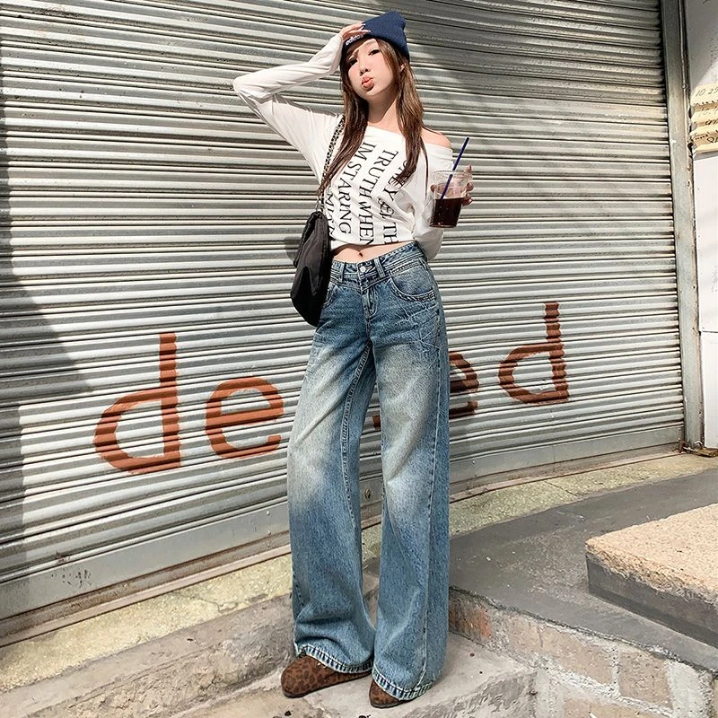 春夏蓝色牛仔裤女裂纹低腰宽松垂感阔腿直筒裤子百搭小个子长裤