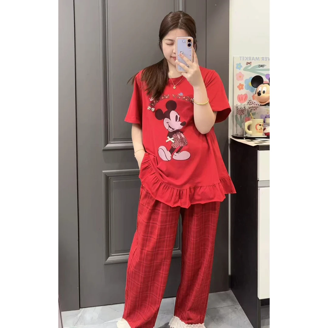 本命年新款大码可爱卡通荷叶边宽松可外穿棉质女士睡衣家居服套装