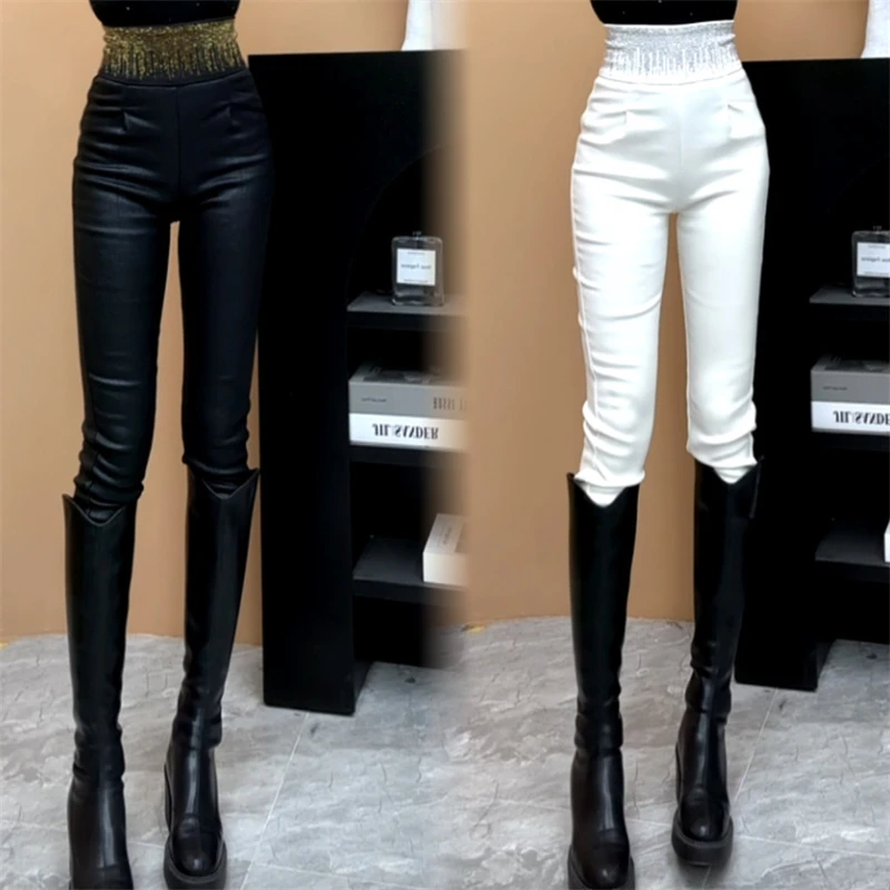 亮闪闪加绒皮裤重工烫钻铅笔裤小黑裤小脚裤冬季保暖