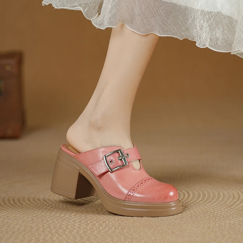 真皮厚底包头半拖女夏外穿不累脚7cm粗跟防水台高跟凉拖鞋配裙子