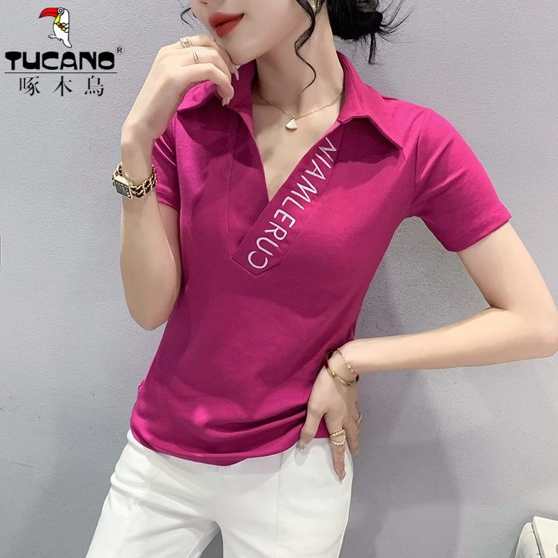 新款妈妈装啄木鸟正品夏季女休闲白色V领T恤女大码T显瘦遮肉时尚