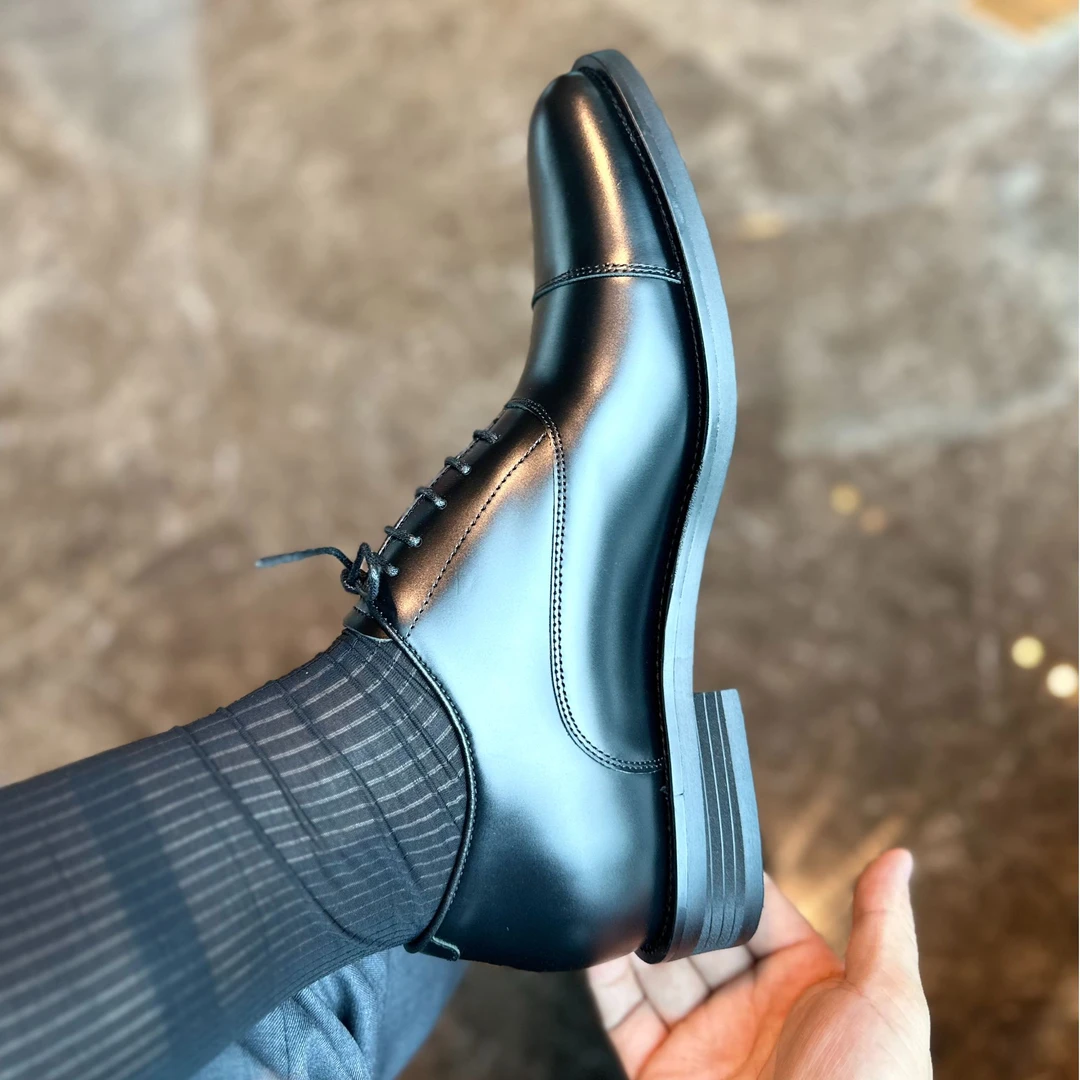 T29B内增高5.5CM开边珠黑色婚鞋三接头圆头黑干净三接头皮鞋