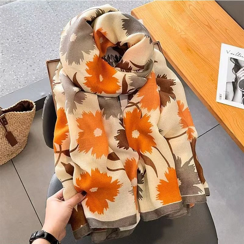 百搭韩版碎花围巾女秋冬季2025新款蓝色丝巾妈妈大衣流行披肩围脖