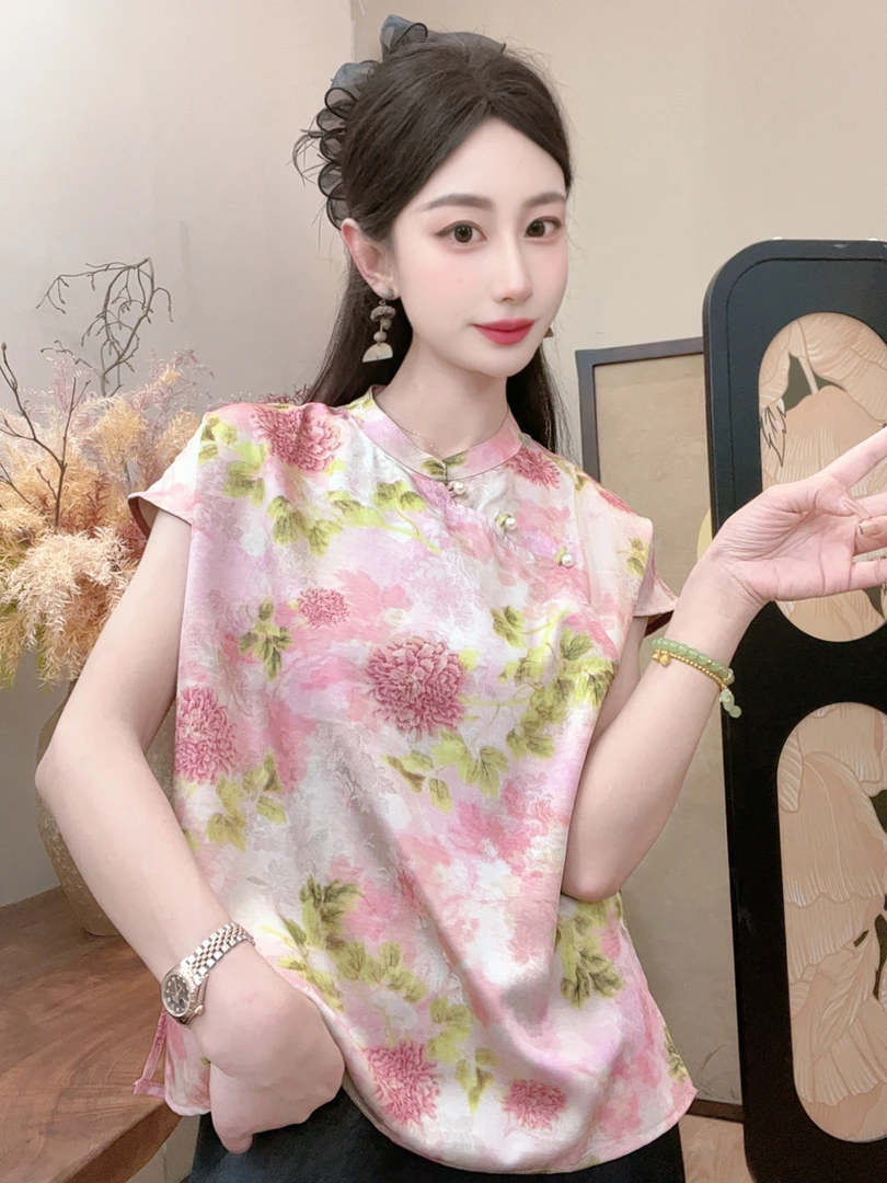 【粉绣球】2025夏季新款百搭显瘦新中式短袖女日常时尚