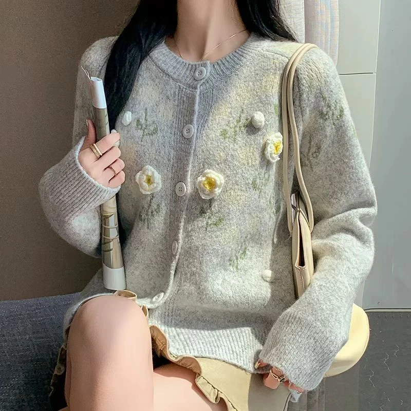 【苏苏精选】山茶花慵懒风韩版宽松圆领刺绣花朵针织开衫
