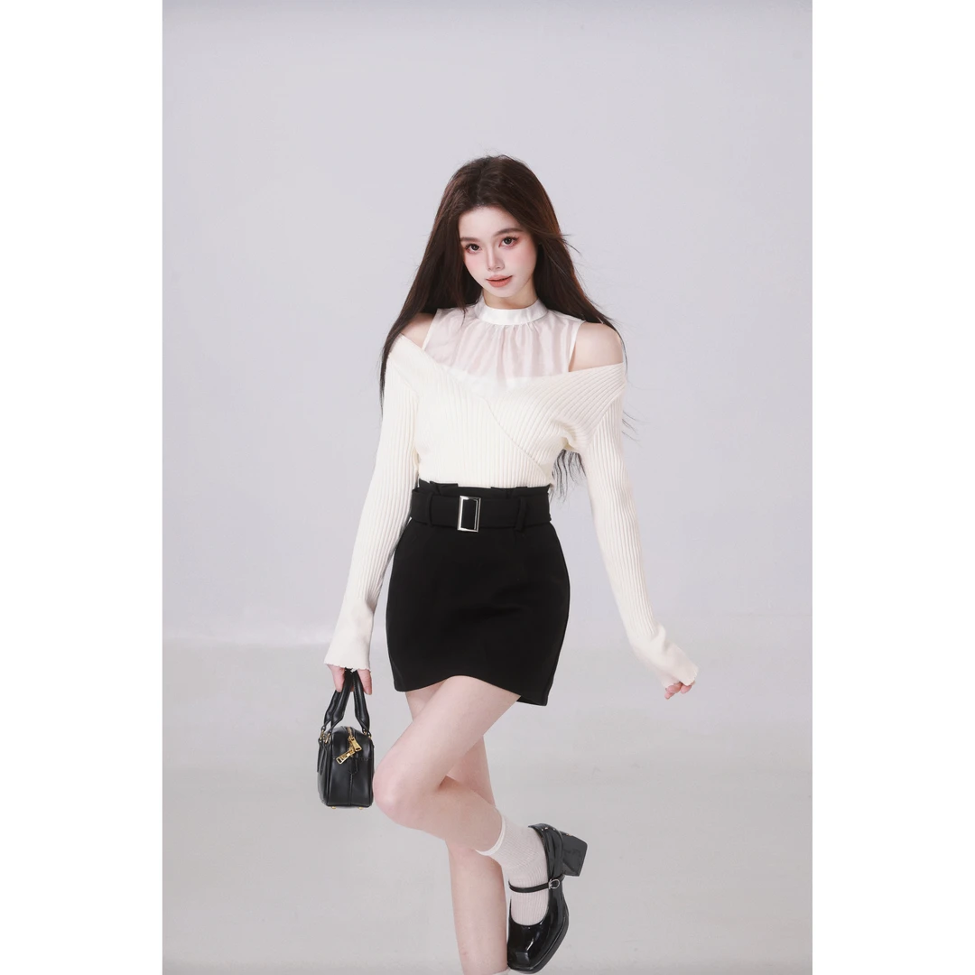 青青-WAHJU【不失月色】显瘦杏色上衣辣妹背心高腰显腿长半裙9122W