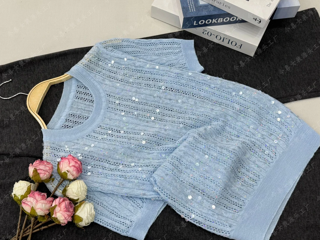 【蓝色亮片套头】新款百搭时尚宽松短袖上衣QC3247