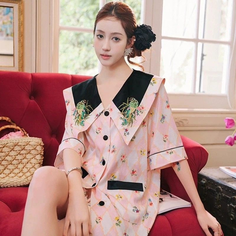 冰雪丝睡衣女夏季女士套装高级感薄款短袖短裤宽松两件套家居服