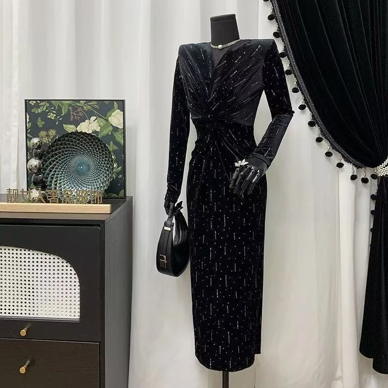 秋季新款黑色流星雨烫钻金丝绒长款修身显瘦名媛气质连衣裙