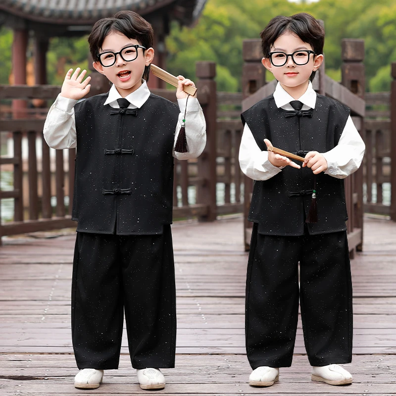 儿童秋款长袖衬衫马甲男童宝宝中式表演服幼儿园演出唐装衣服套装