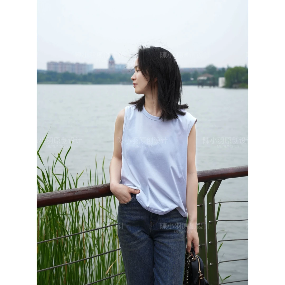 【MEINLY CHEN】高端设计师款白色无袖圆领时尚休闲T恤824479