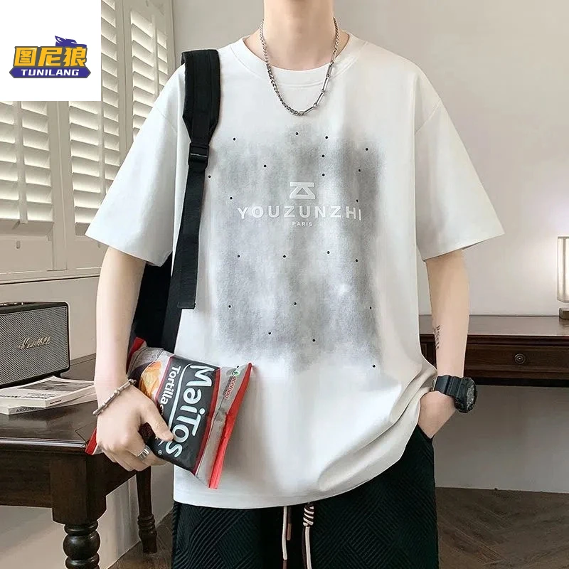 图尼狼夏季港风短袖T恤男士2025新款潮牌印花青少年休闲半袖男装