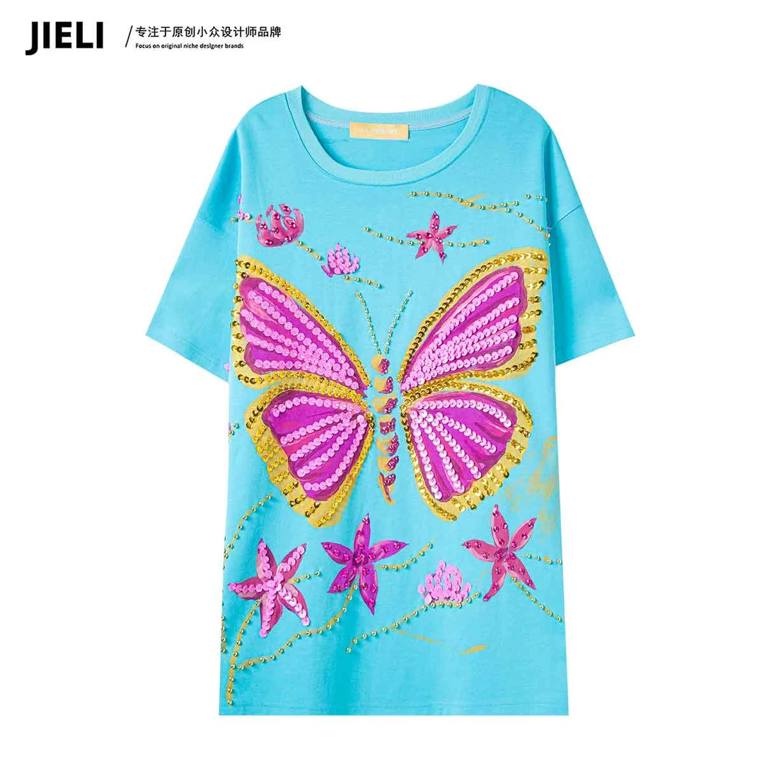 定制原创小众设计蝴蝶蓝色短袖T恤休闲时尚半袖宽松夏季女女W231
