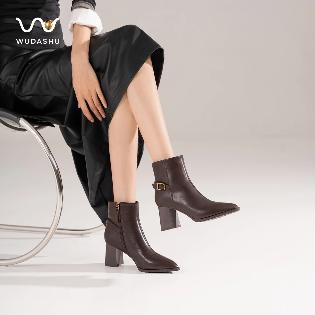 吴大叔红云鞋法式气质粗跟短靴女秋冬百搭高跟气质尖头瘦瘦靴Z502