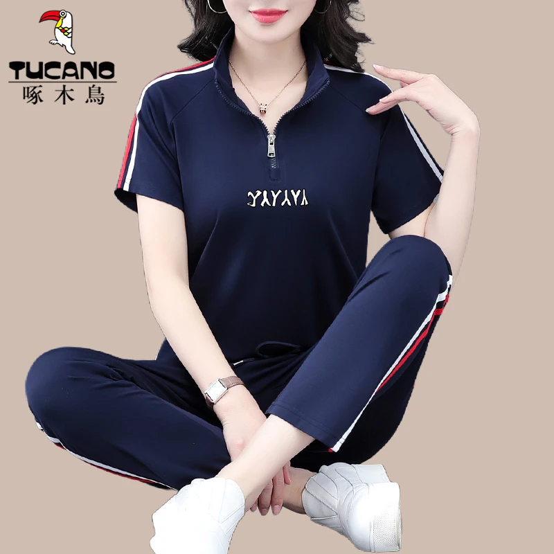 啄木鸟中年妈妈女装运动套装女夏薄款2025新款女士夏装时尚两件套