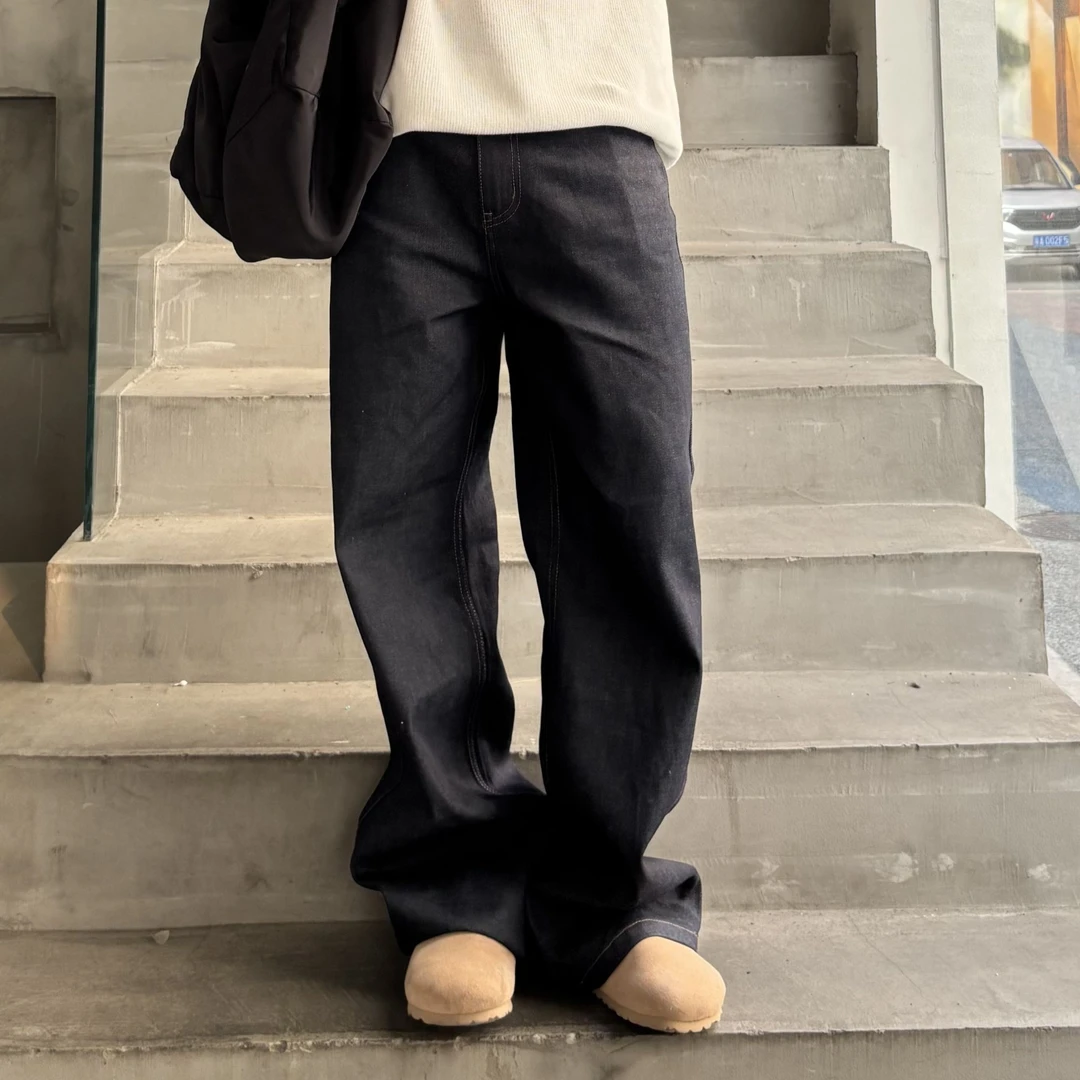 RIGOCOKN【绿松石】复古丹宁纯色宽松伐木喇叭阔腿直筒原牛牛仔裤
