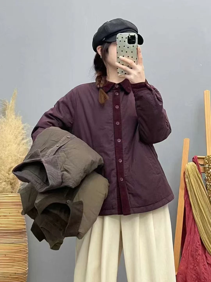 冬季新款复古休闲百搭灯芯绒翻领拼色夹棉棉服