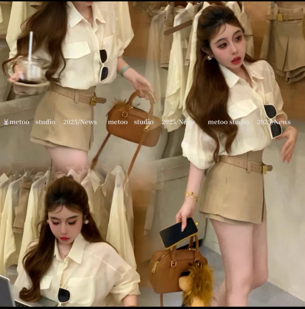 韩国东大门时尚套装气质长袖衬衫+显瘦短裤！