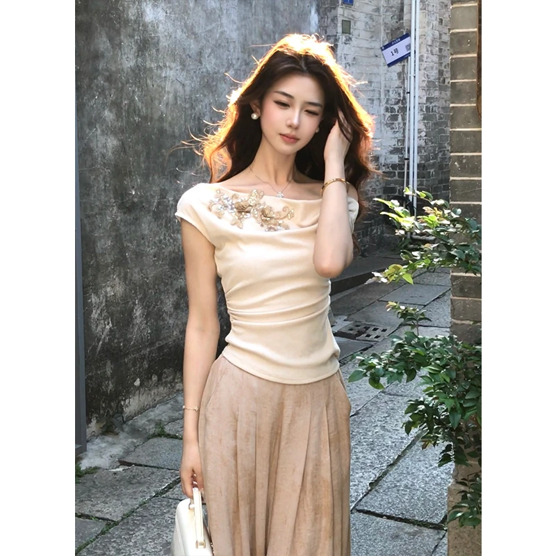 文文【眉眼如画】小众设计感针织斜肩无袖上衣后松紧阔腿裤女