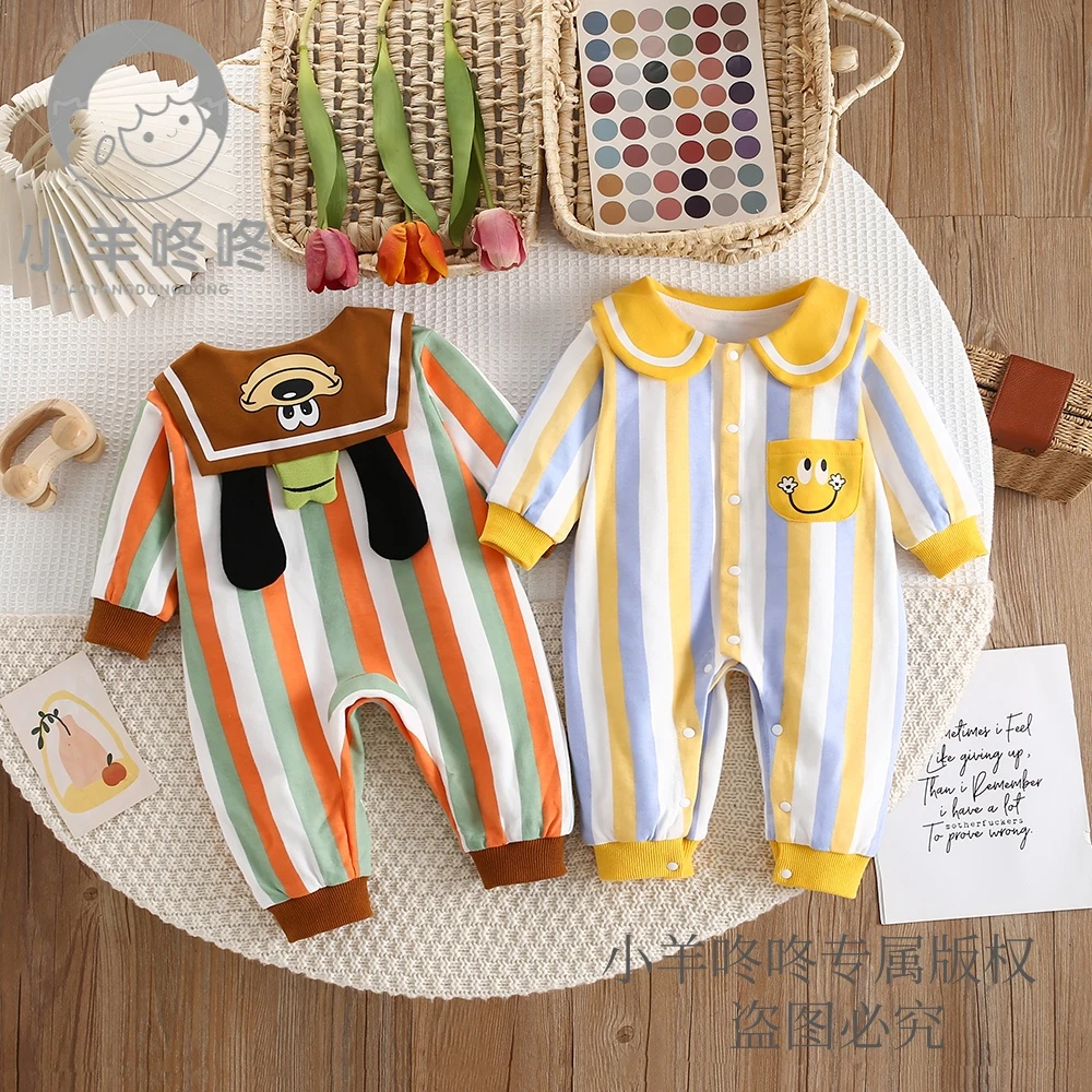 春秋季新款高飞狗卡通款竖条纹单兜潮萌婴儿幼儿衣服宝宝衣服童装