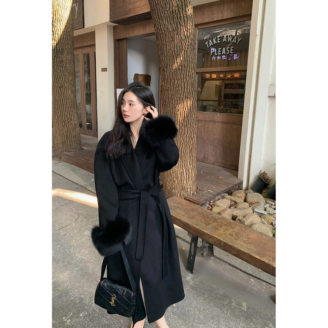 现货秒发2025年新款羊绒大衣女高端气质羊毛超长款狐狸毛外套女