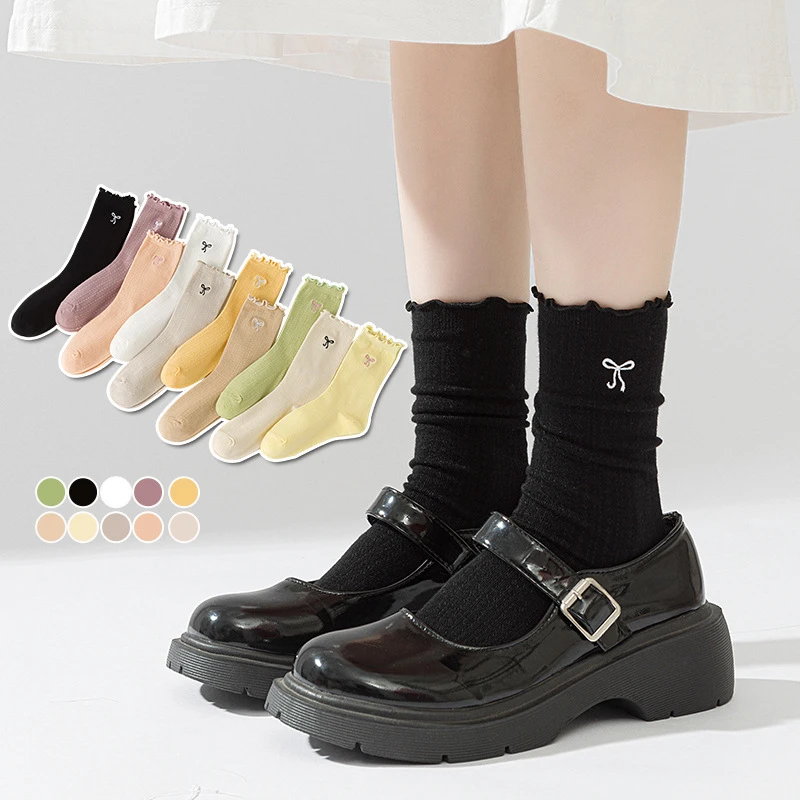 堆堆袜子女 甜美蝴蝶结绣花薄款木耳花边袜 网眼透气女士中筒袜子