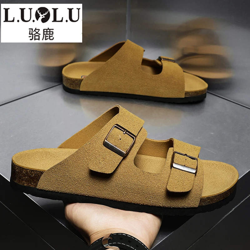 骆鹿拖鞋男士夏季外穿潮流复古懒人半拖勃肯软木拖鞋卡其色一字拖