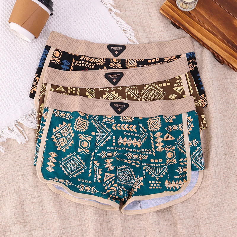 男士内裤纯棉透气美式个性平角裤衩民族风潮流复古中腰四角短裤头