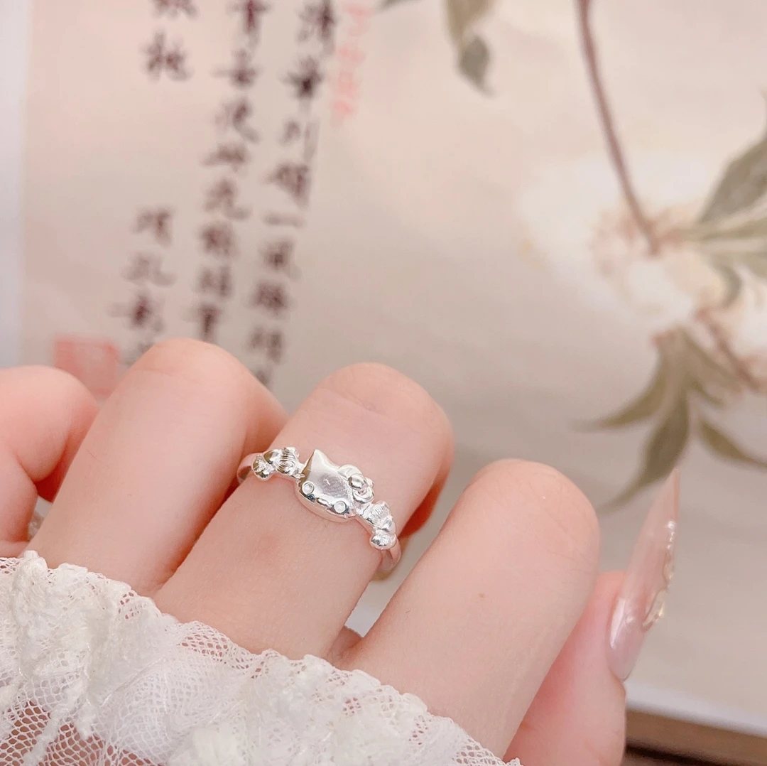 足银戒指 990纯银简约轻奢KT猫戒指女时尚森系开口可调节