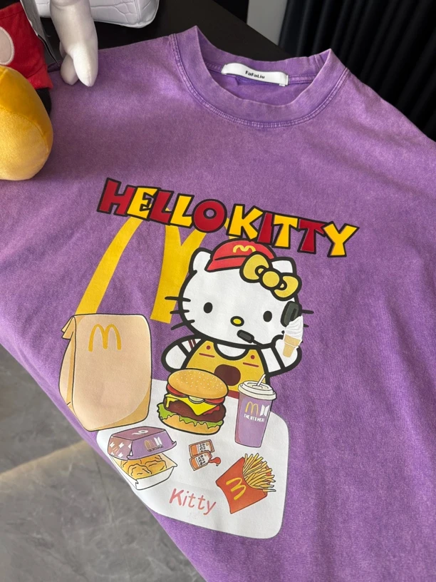 【劉發發】W386【美食猫咪】新款百搭时尚休闲宽松紫色显瘦印花T恤