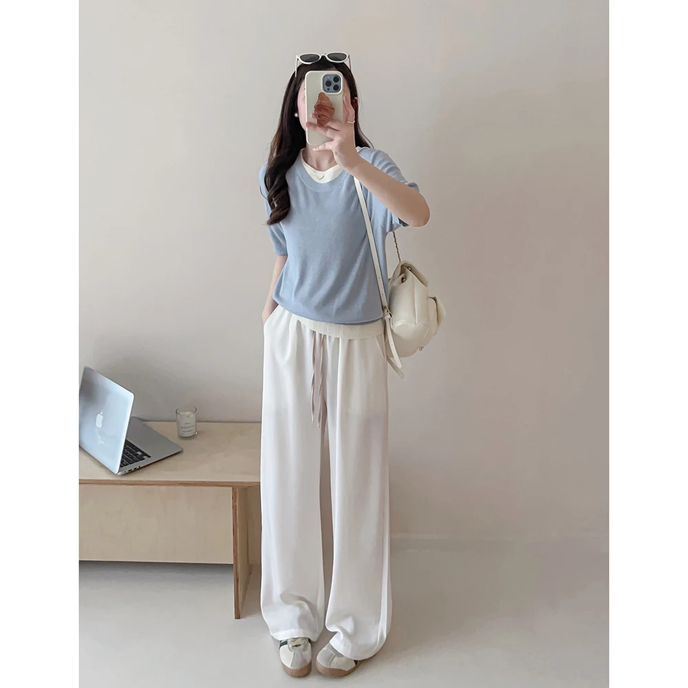 休闲拼色时尚垂感宽松百搭阔腿裤2602