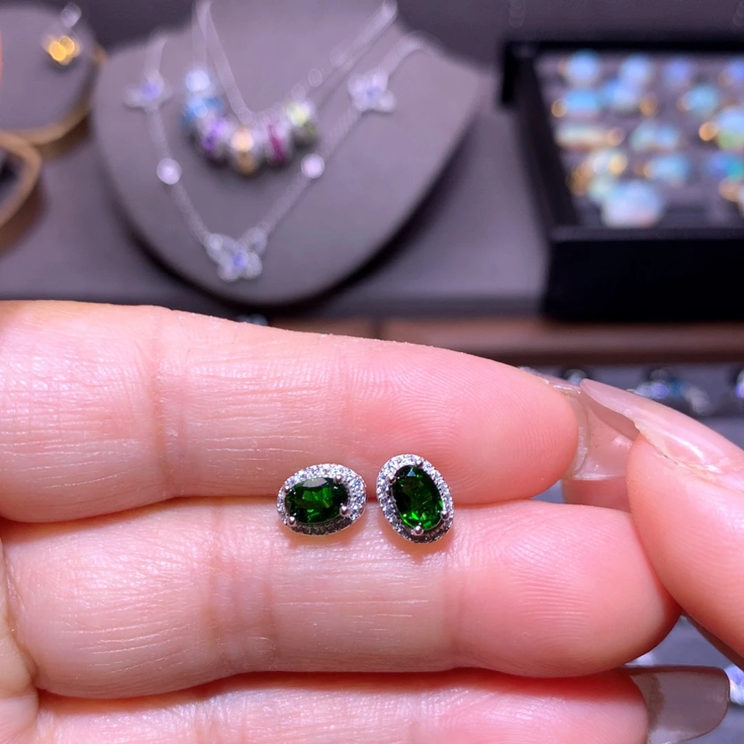 耳钉）透辉石银S925镶嵌