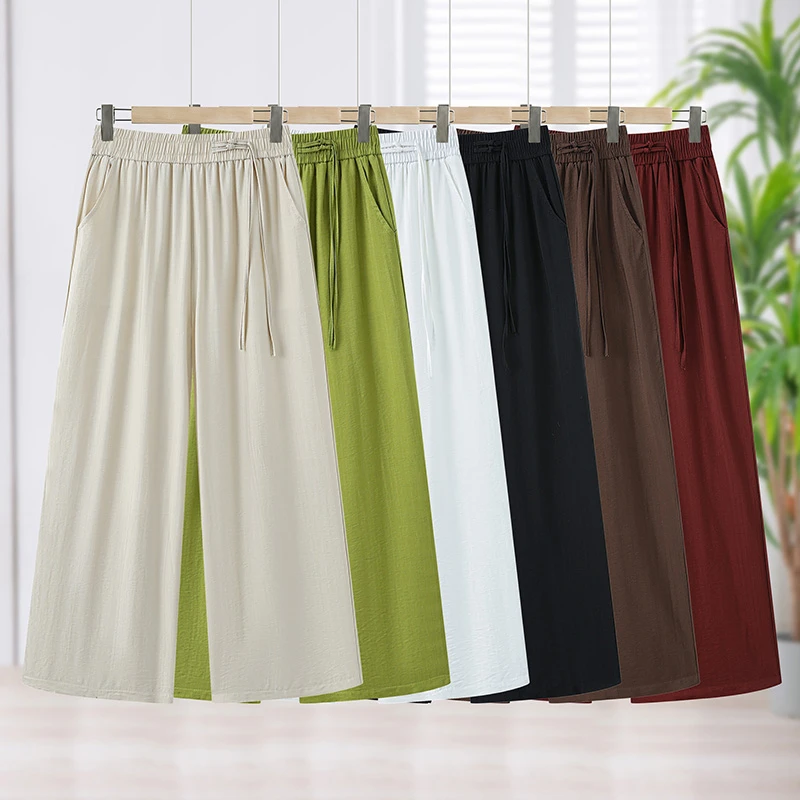 新中式妈妈装夏季裤子高腰直筒裤女小个子中老年休闲裤窄版阔腿裤