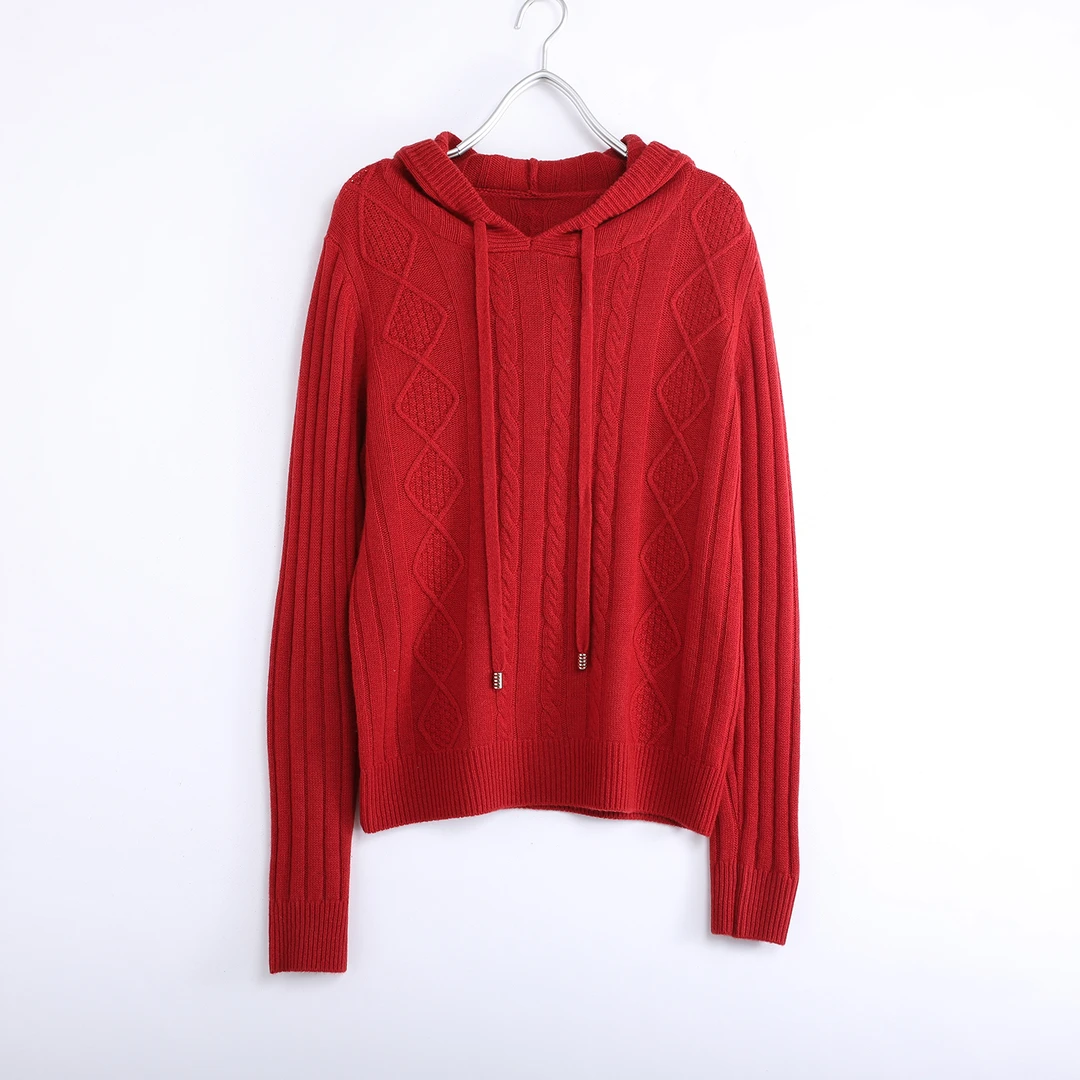 秋冬新款连帽羊毛针织衫纯色绞花加厚针织毛衣女114-6855