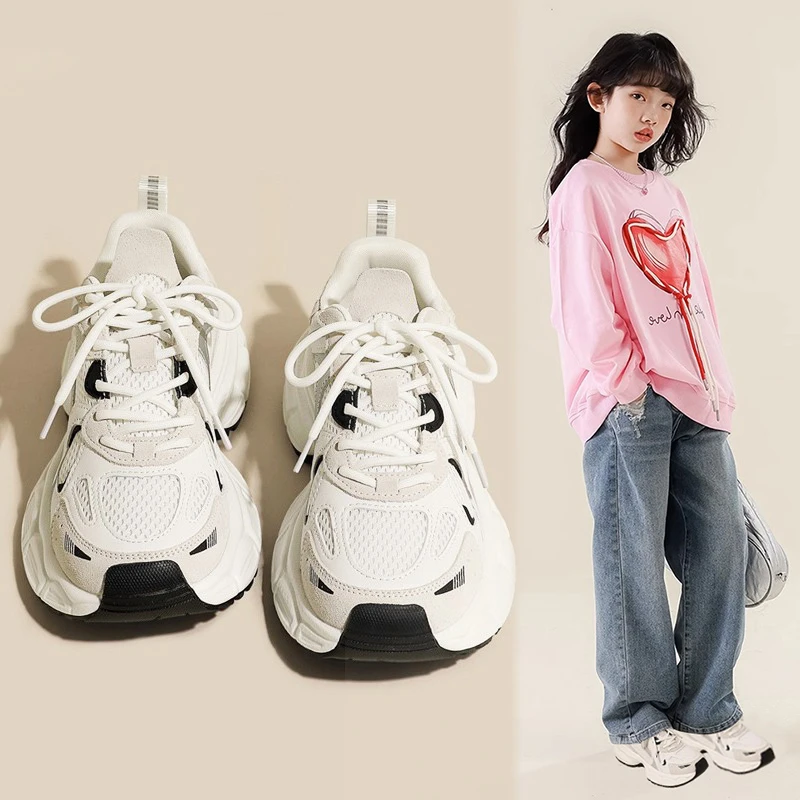 女童老爹鞋春夏2025新款儿童休闲鞋女孩网面透气学生白色运动鞋