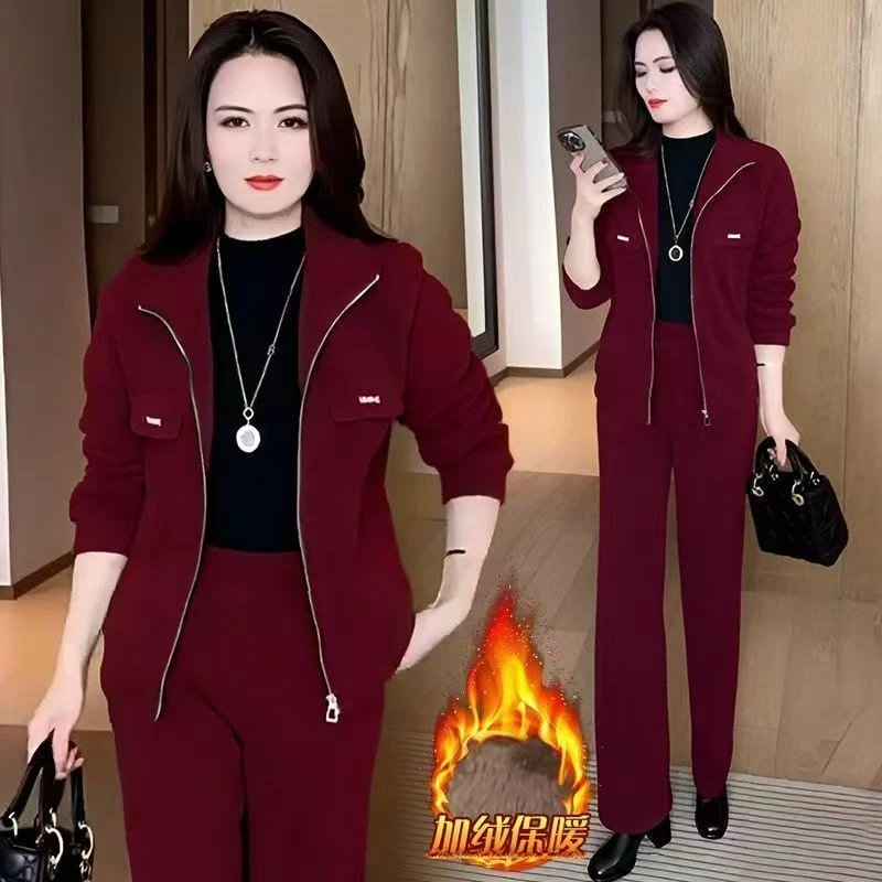 中老年妈妈休闲服套装女2025秋冬季新款时尚加绒保暖运动服两件套