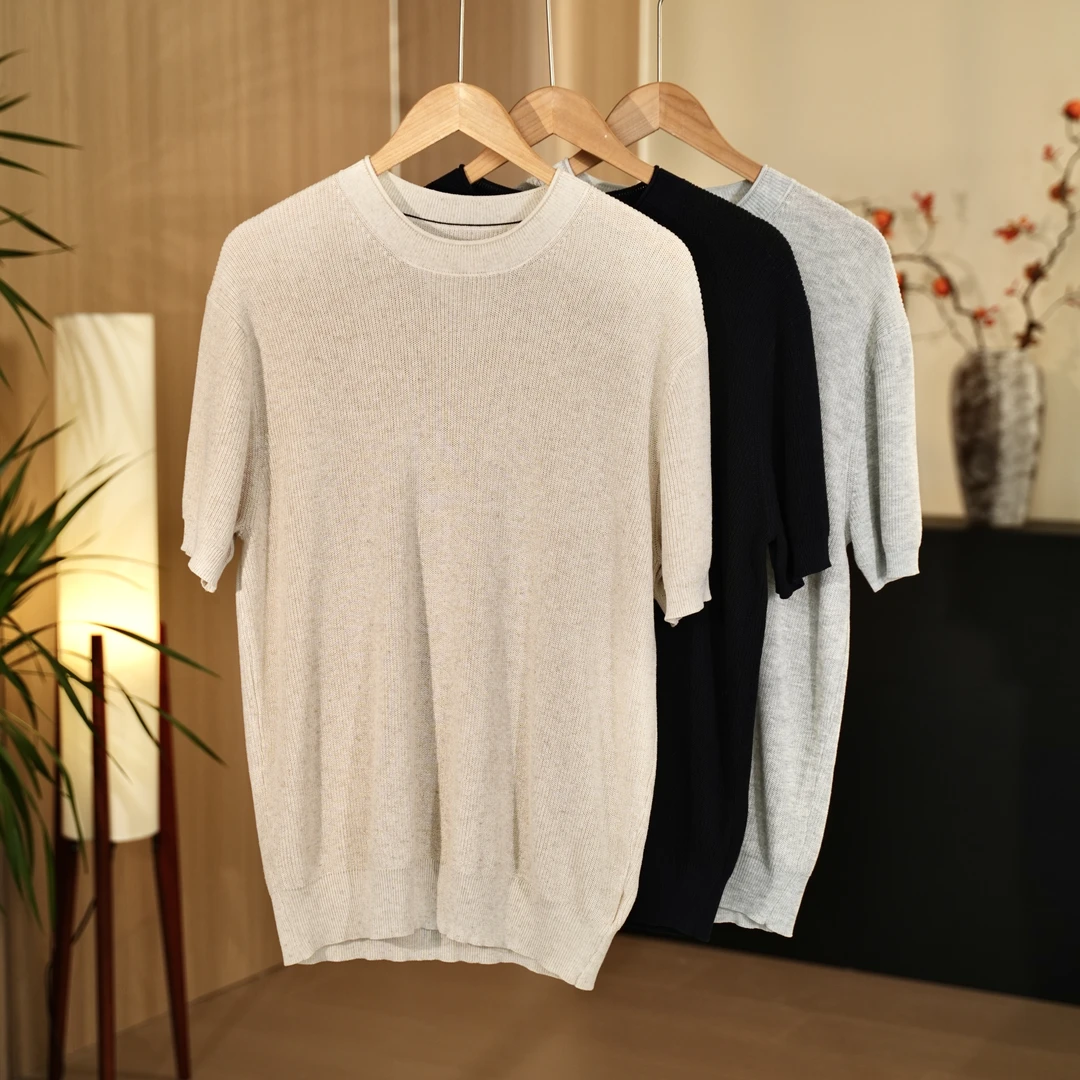 男士简约纯色老钱风夏季宽松休闲百搭上衣松弛透气针织衫圆领时尚