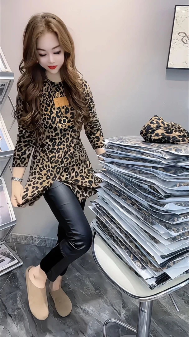 秋季新款时尚气质休闲修身显瘦大码豹纹长袖T恤女中长款上衣女