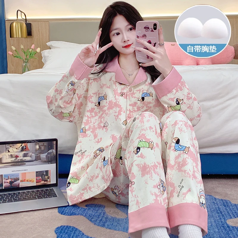 睡衣女春秋季长袖长裤带胸垫卡通可爱宽松夏天开衫外穿家居服套装