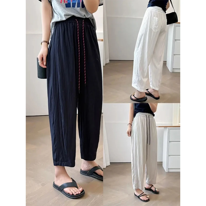 大码胖mm纯色松紧腰轻薄休闲遮胯遮肉显瘦山本裤女夏季九分凉凉裤