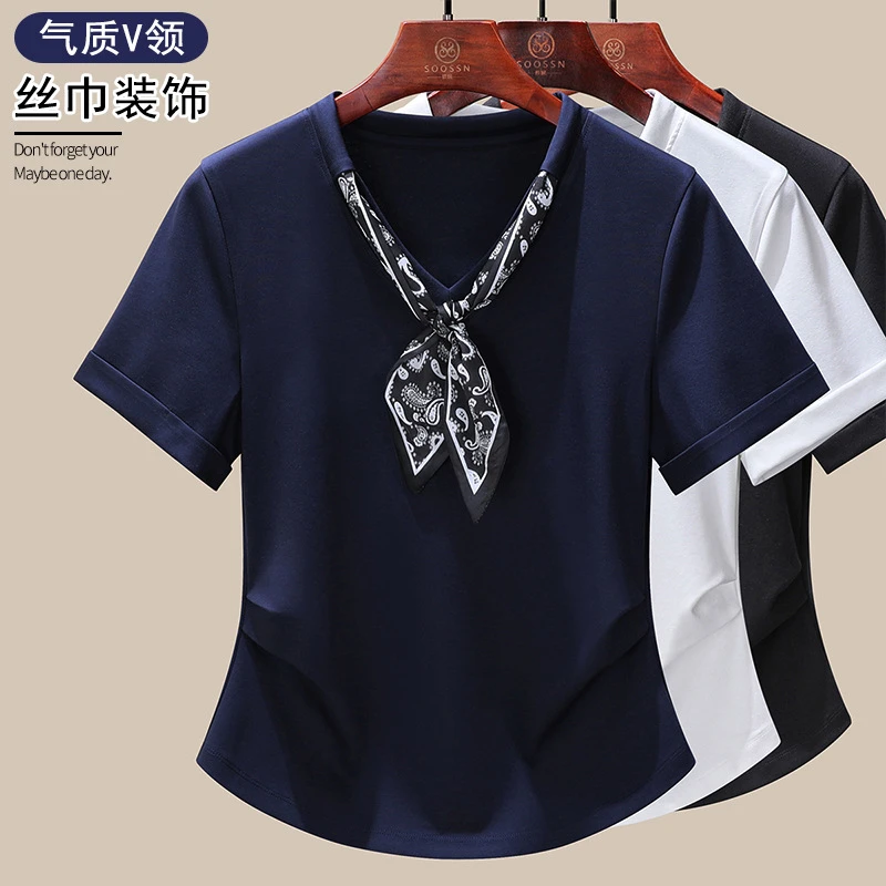 白色V领短袖女t恤2025新款爆款夏季丝巾设计感小众超好看气质上衣