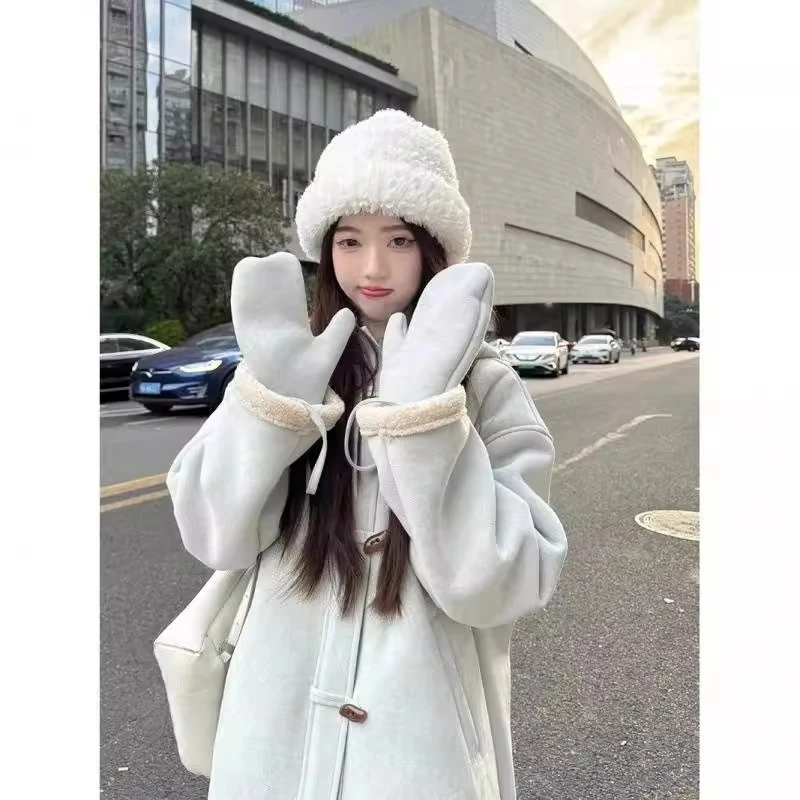 皮毛一体连帽毛呢外套女装冬季蓝色高级感中长款加绒加厚保暖上衣